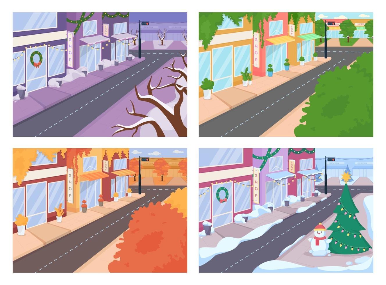 stadsstraat met verschillende seizoenen egale kleur vector illustraties set
