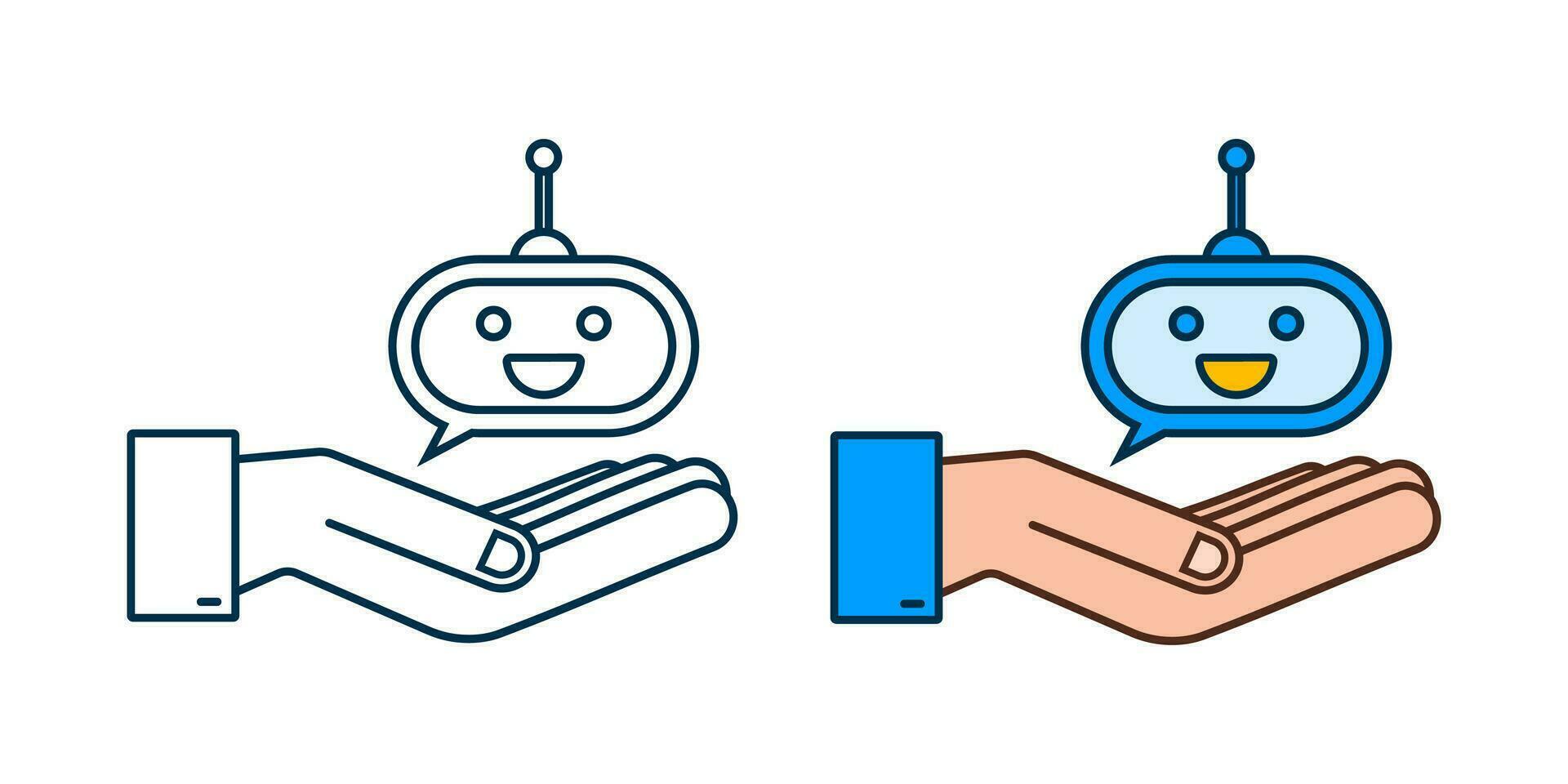 schattig glimlachen robot in handen.vector modern vlak tekenfilm karakter illustratie. stem ondersteuning onderhoud bot vector