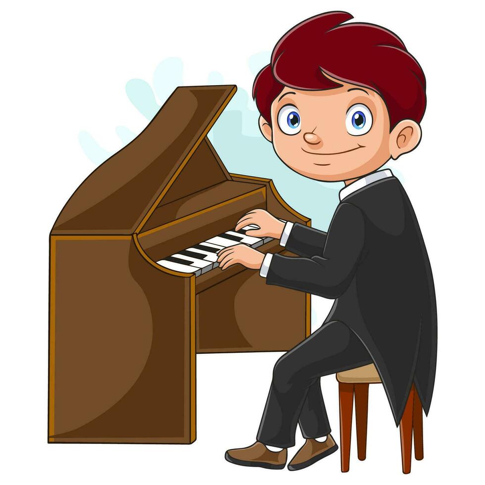 tekenfilm kleine jongen piano spelen vector
