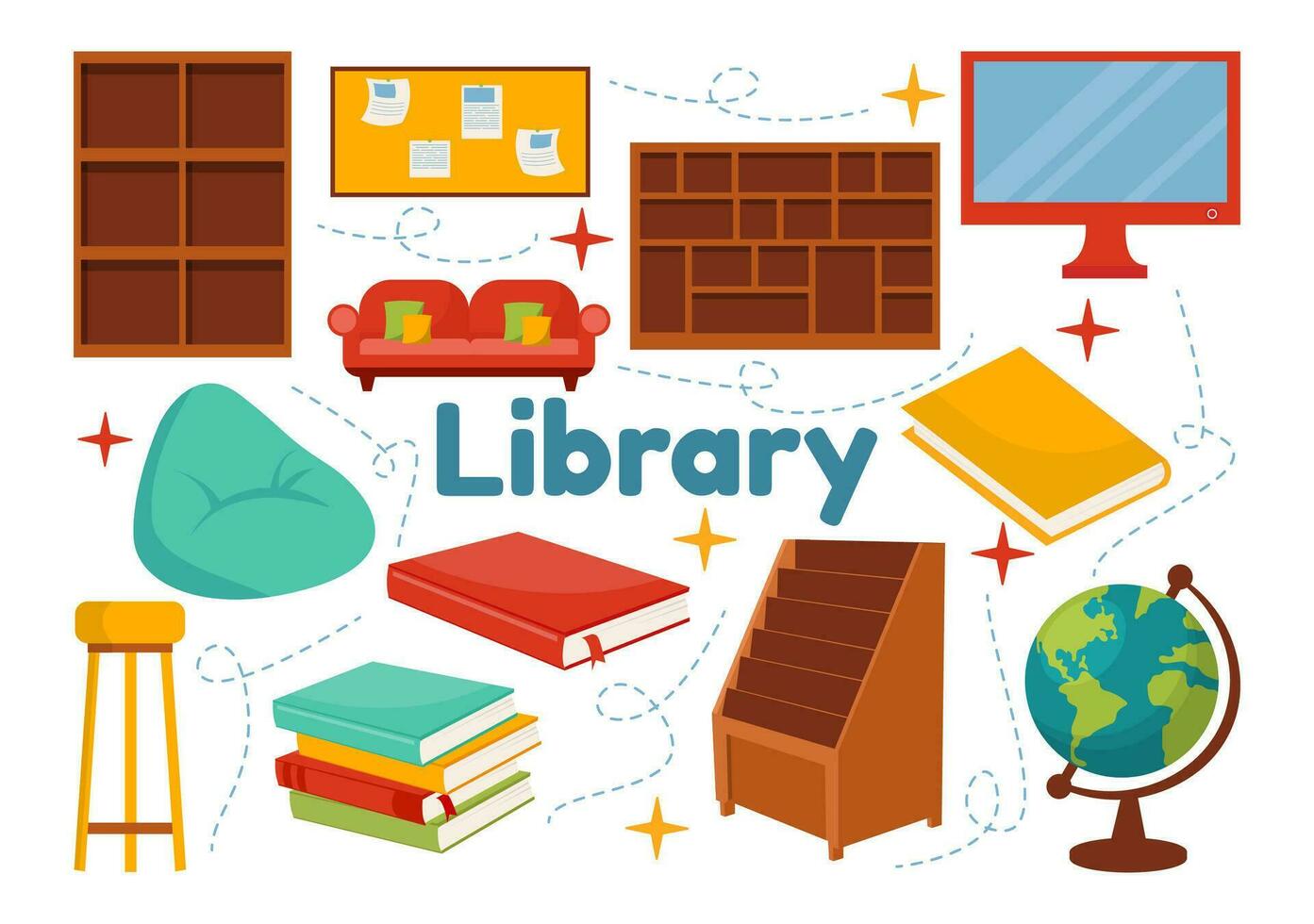 bibliotheek vector illustratie van boek schappen met interieur houten meubilair voor lezing, onderwijs en kennis in vlak tekenfilm achtergrond ontwerp