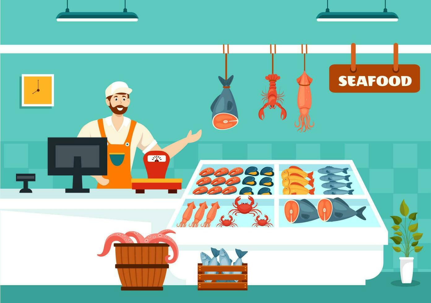 zeevruchten markt kraam vector illustratie met vers vis producten zo net zo Octopus, kokkels, garnaal en kreeft in vlak tekenfilm achtergrond ontwerp