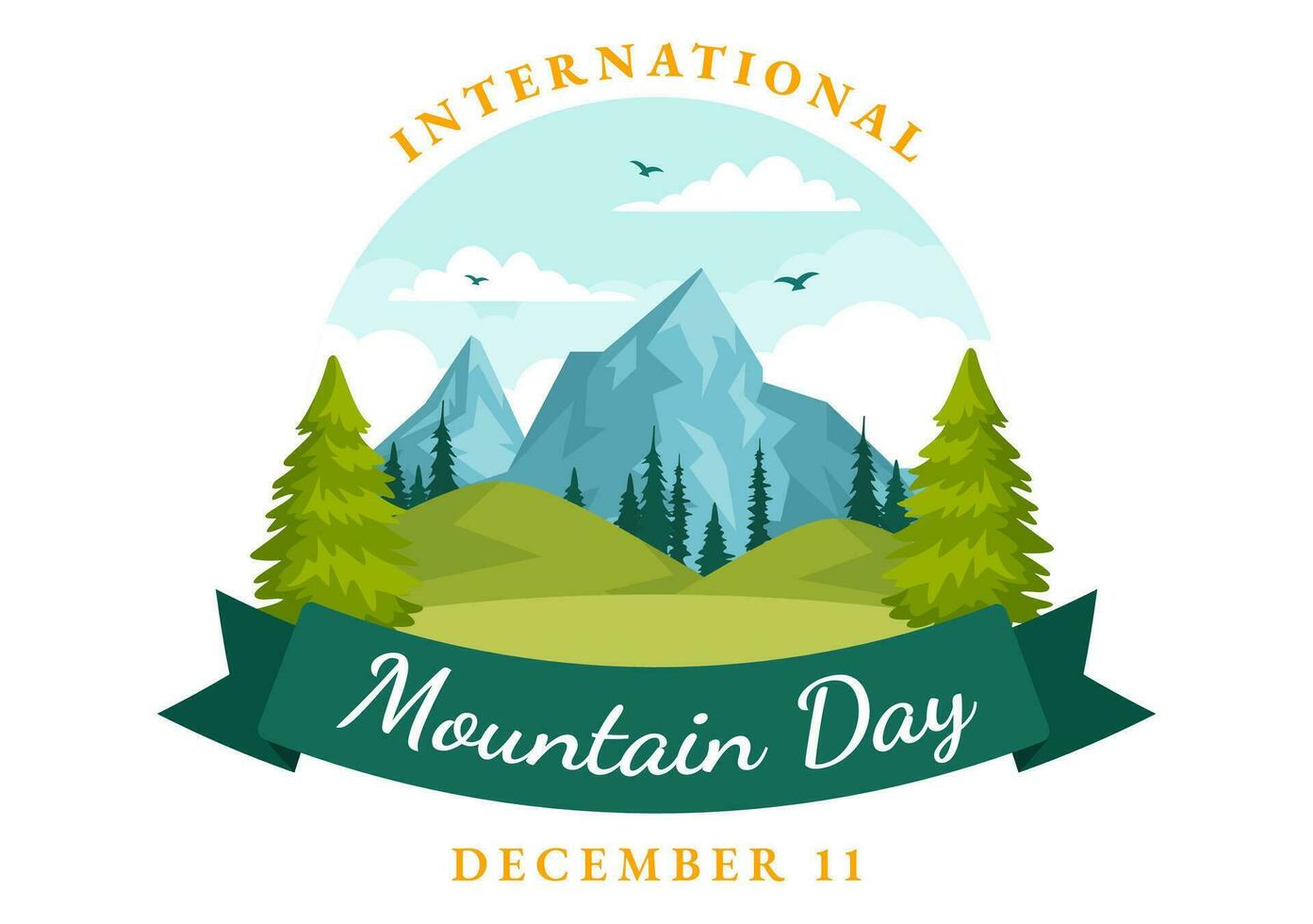 Internationale berg dag vector illustratie Aan december 11 met bergen panorama, groen vallei en bomen in vlak tekenfilm achtergrond ontwerp