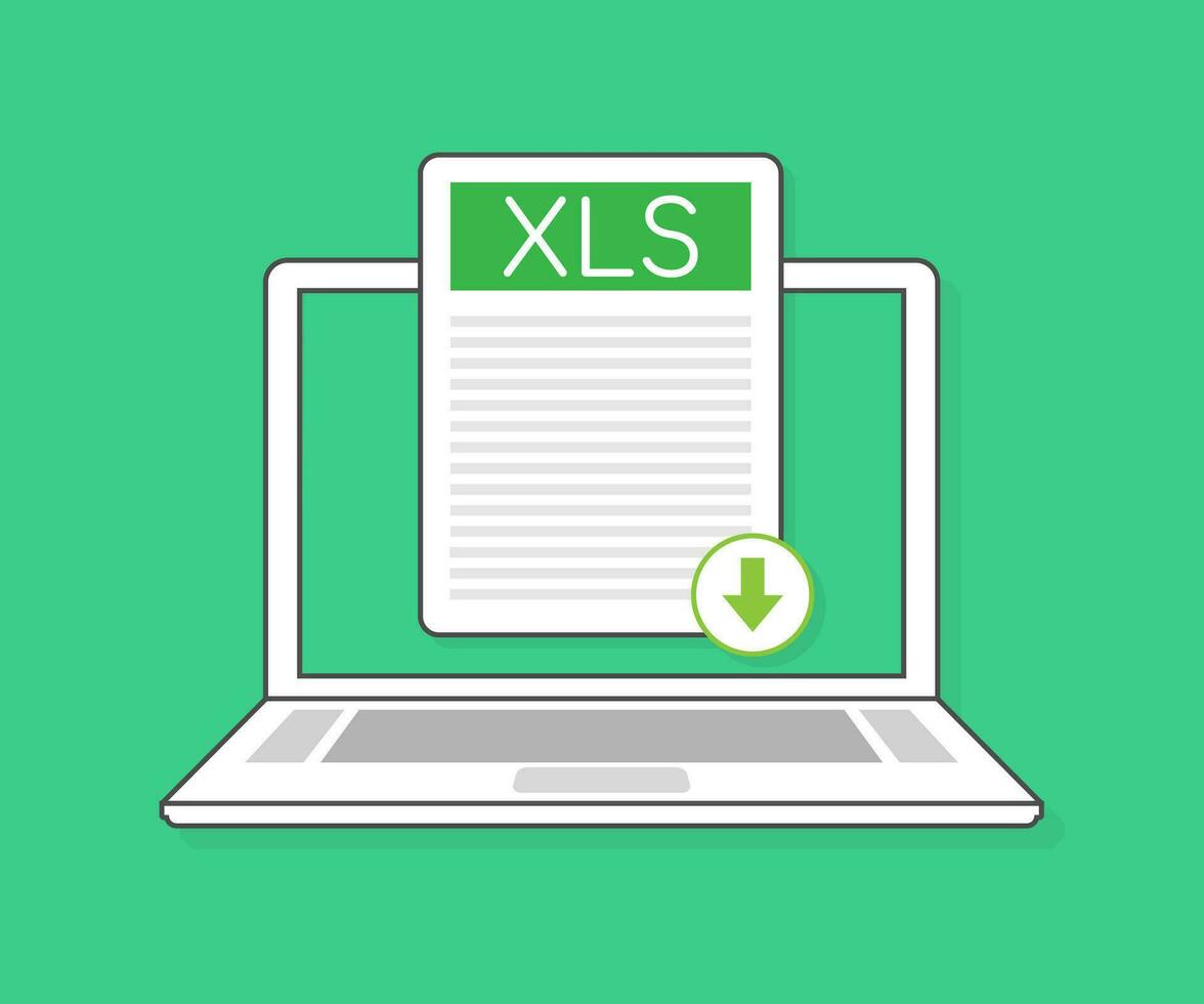 downloaden xls knop Aan laptop scherm. downloaden document concept. het dossier met xls etiket en naar beneden pijl teken. vector illustratie