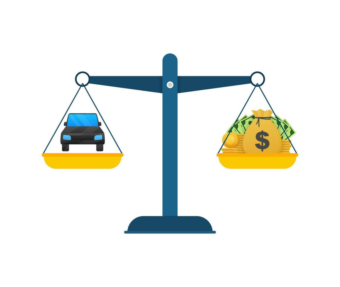 geld vs auto vector illustratie. vlak icoon Aan wit achtergrond. vlak vector tekenfilm geld illustratie