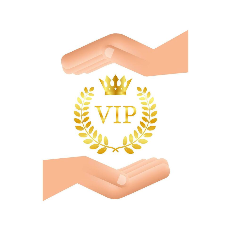 gouden symbool van exclusiviteit, de etiket vip met schitteren in handen. heel belangrijk persoon vip icoon Aan donker achtergrond teken van exclusiviteit met helder vector