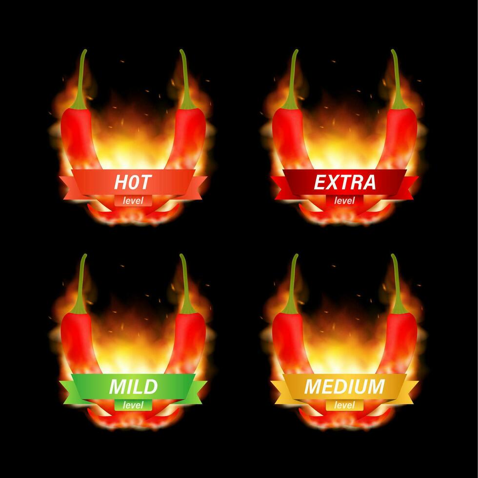 heet rood peper sterkte schaal indicator met mild, medium, heet en hel posities. vector voorraad illustratie.