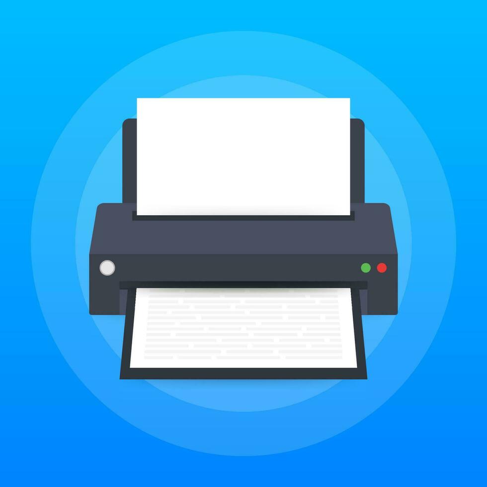 vlak printer icoon. printer met papier a4 vel en gedrukt tekst document. vector illustratie.