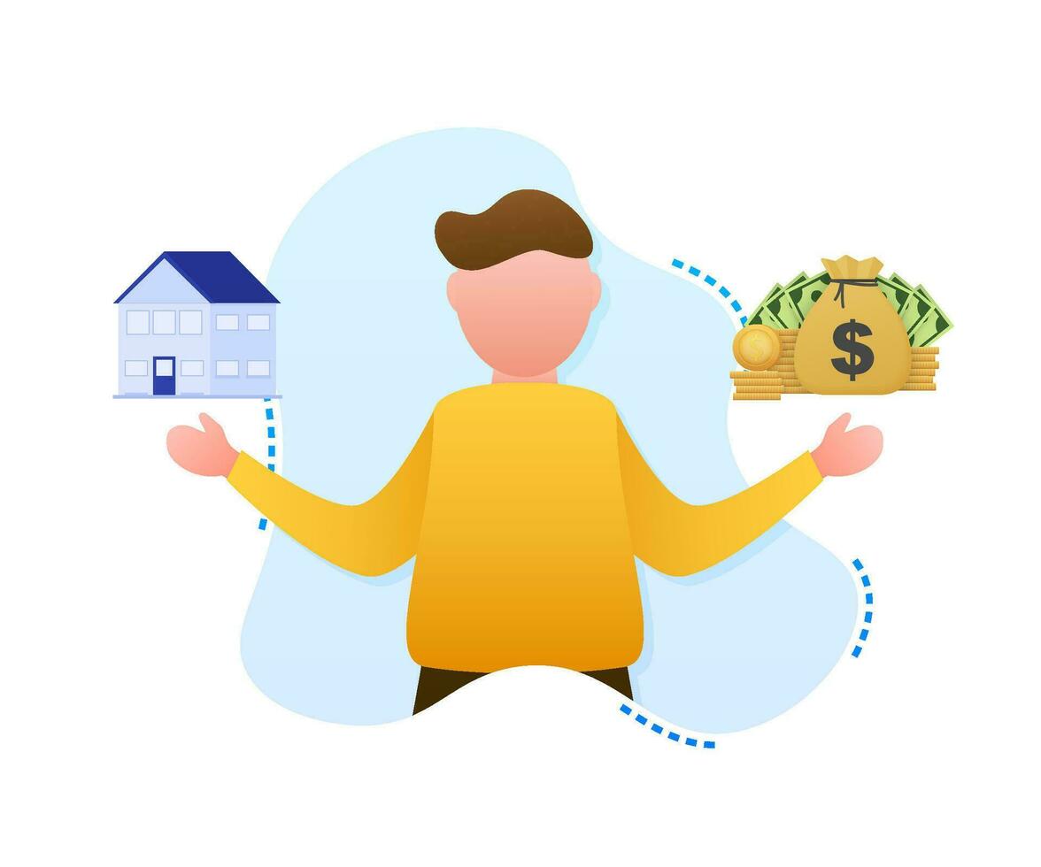 Mens kiezen tussen twee opties geld en huis. vector voorraad illustratie.