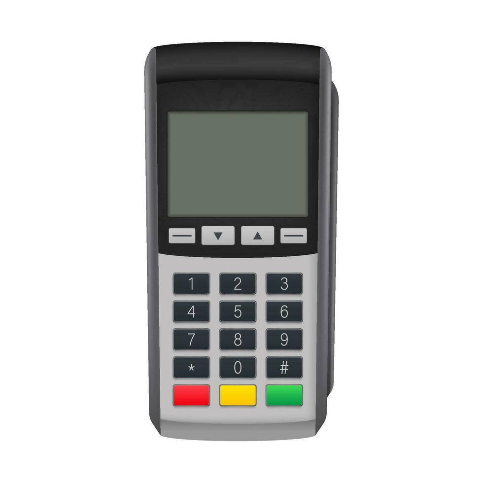 betaling terminal model. pos terminal met blanco scherm. contant geld register. vector voorraad illustratie.