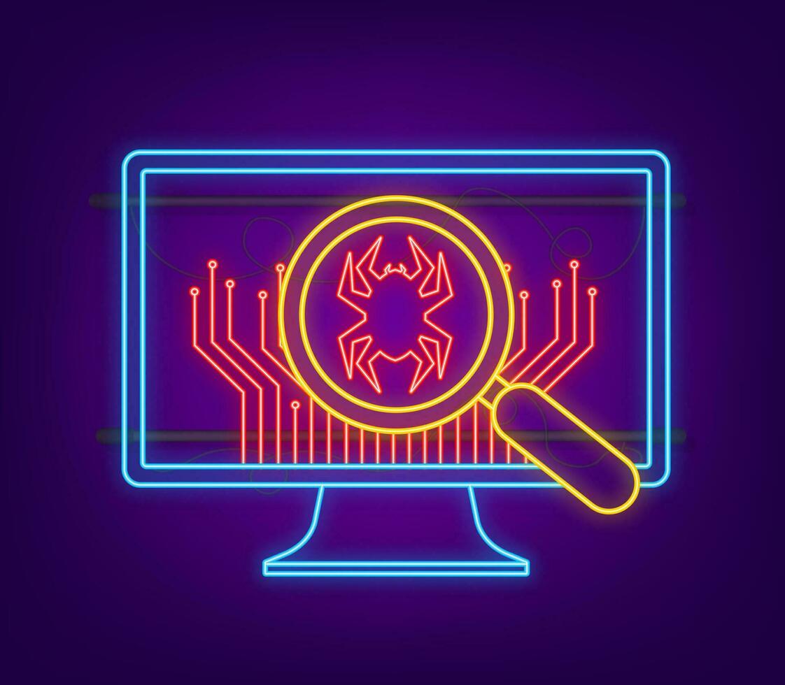 zoeken, vind bugs en virus neon teken. vergroten glas scannen. antivirus bescherming. vector voorraad illustratie