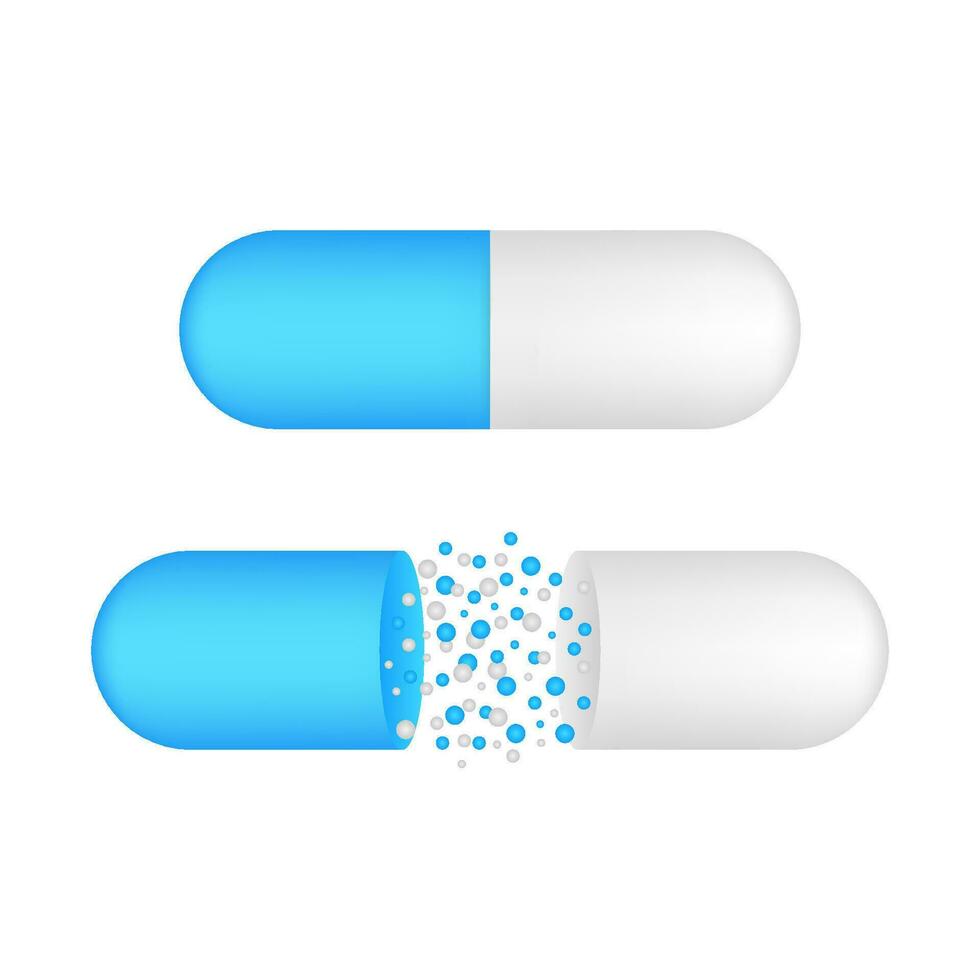 capsule pil. klein ballen gieten van een Open medisch capsule. vector illustratie.