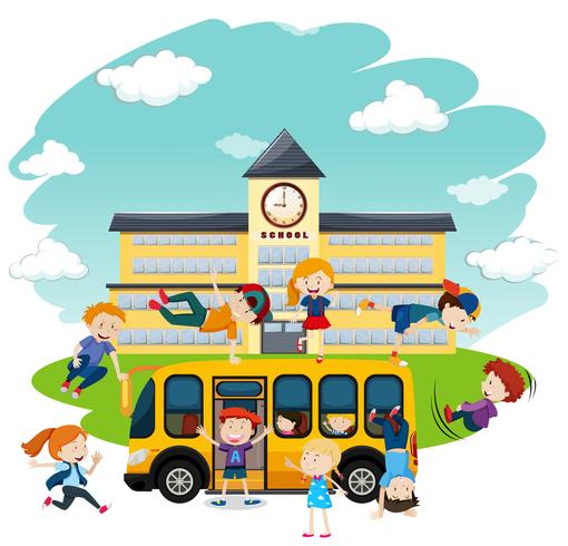 Kinderen spelen voor school en bus vector