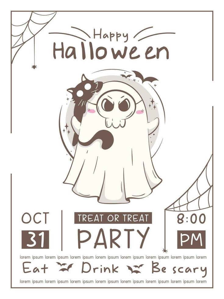 halloween partij uitnodiging poster met schattig kawaii geest. brochure met kalligrafische tekst. halloween karakter vector illustratie in roze retro kleuren