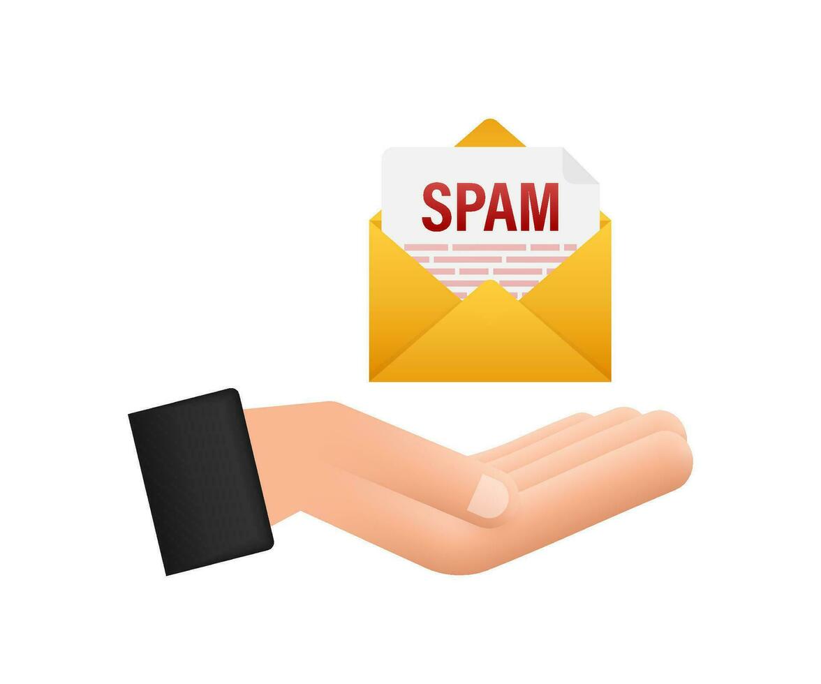 Nee spam teken in handen. spam e-mail waarschuwing. concept van virus, piraterij, hacken en veiligheid. envelop met spam. vector illustratie