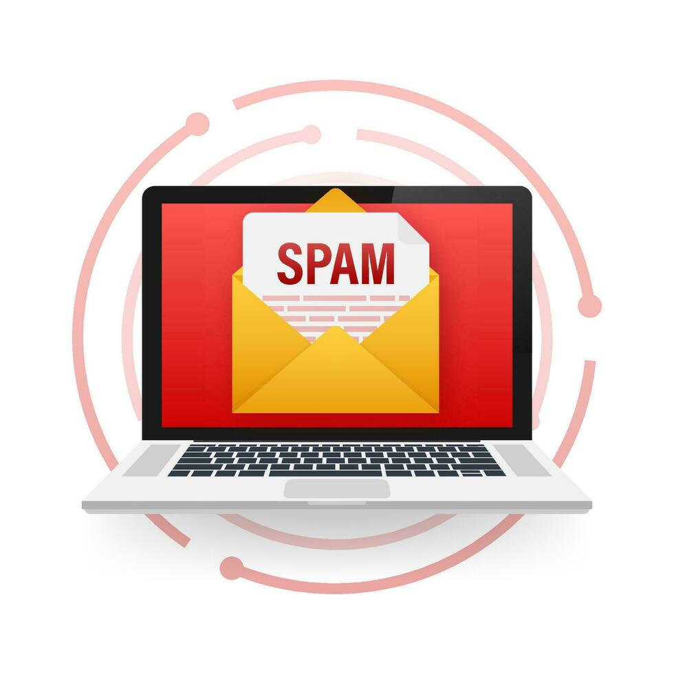 Nee spam. spam e-mail waarschuwing. concept van virus, piraterij, hacken en veiligheid. envelop met spam. vector illustratie