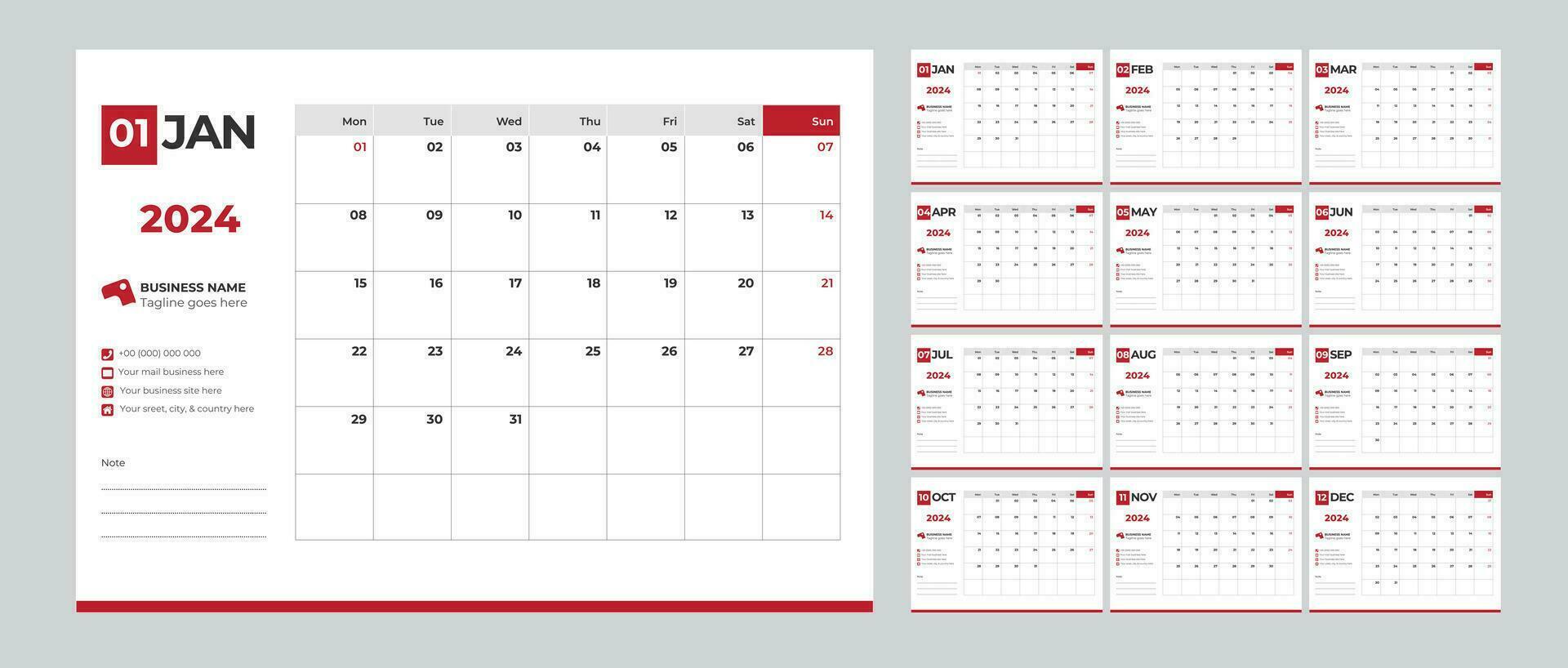 bureau maandelijks kalender sjabloon voor 2024 jaar voor bedrijf in een minimalistische stijl vector