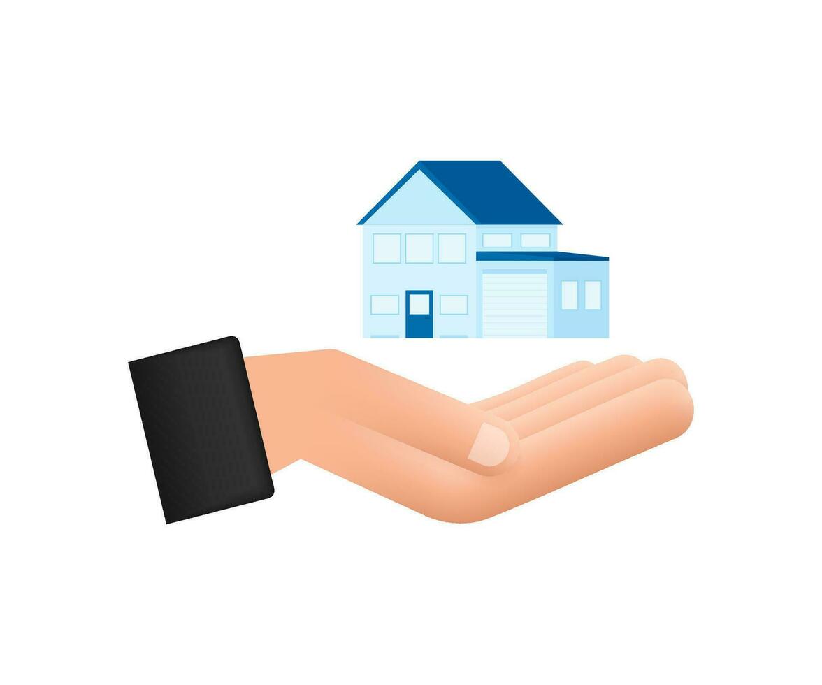 zakenmannen hand- Holding een huis. huis verhuur, eigendom, echt landgoed concept. vector illustratie. technologie concept