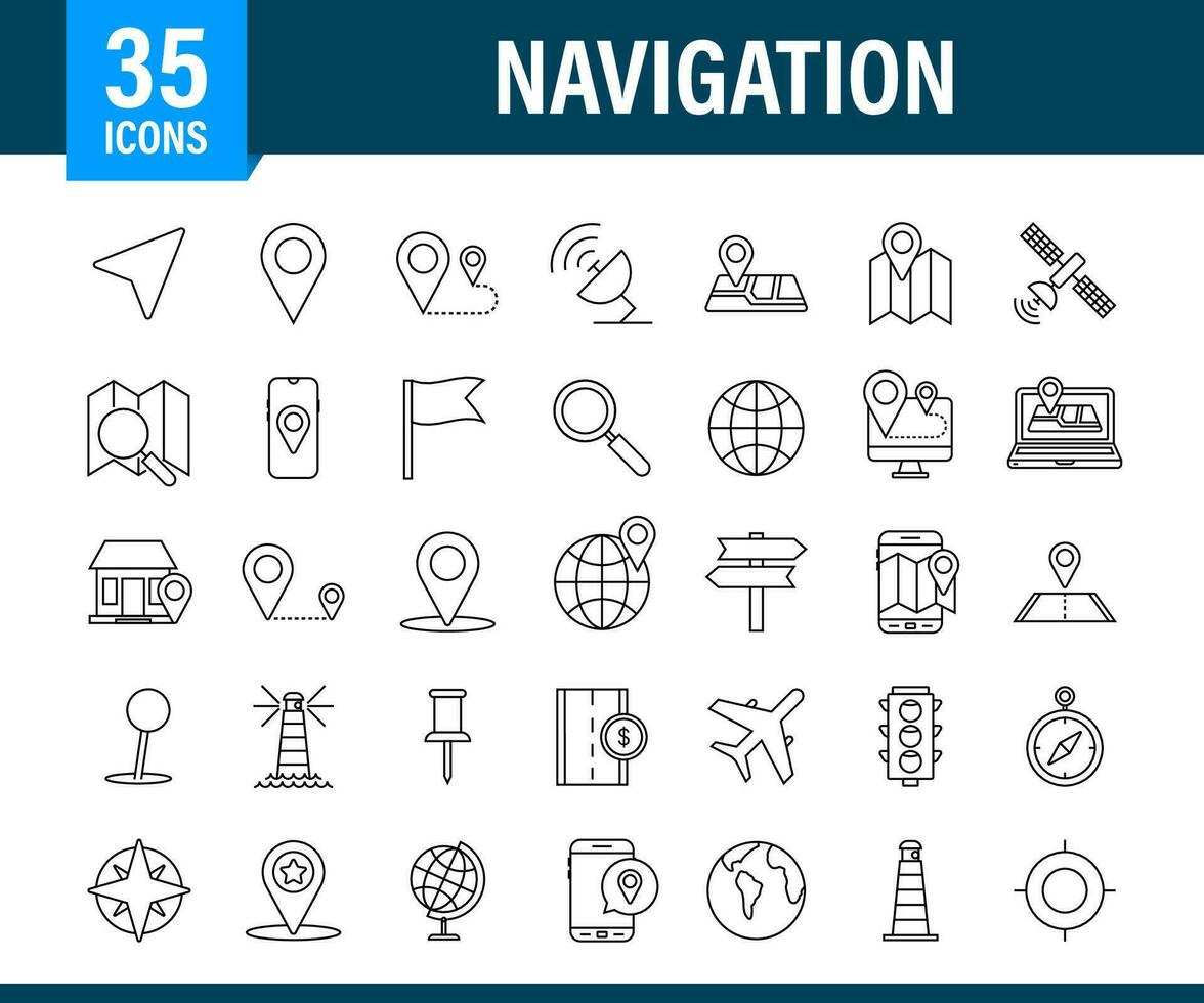 navigatie en kaart lijn pictogrammen set. vector voorraad illustratie