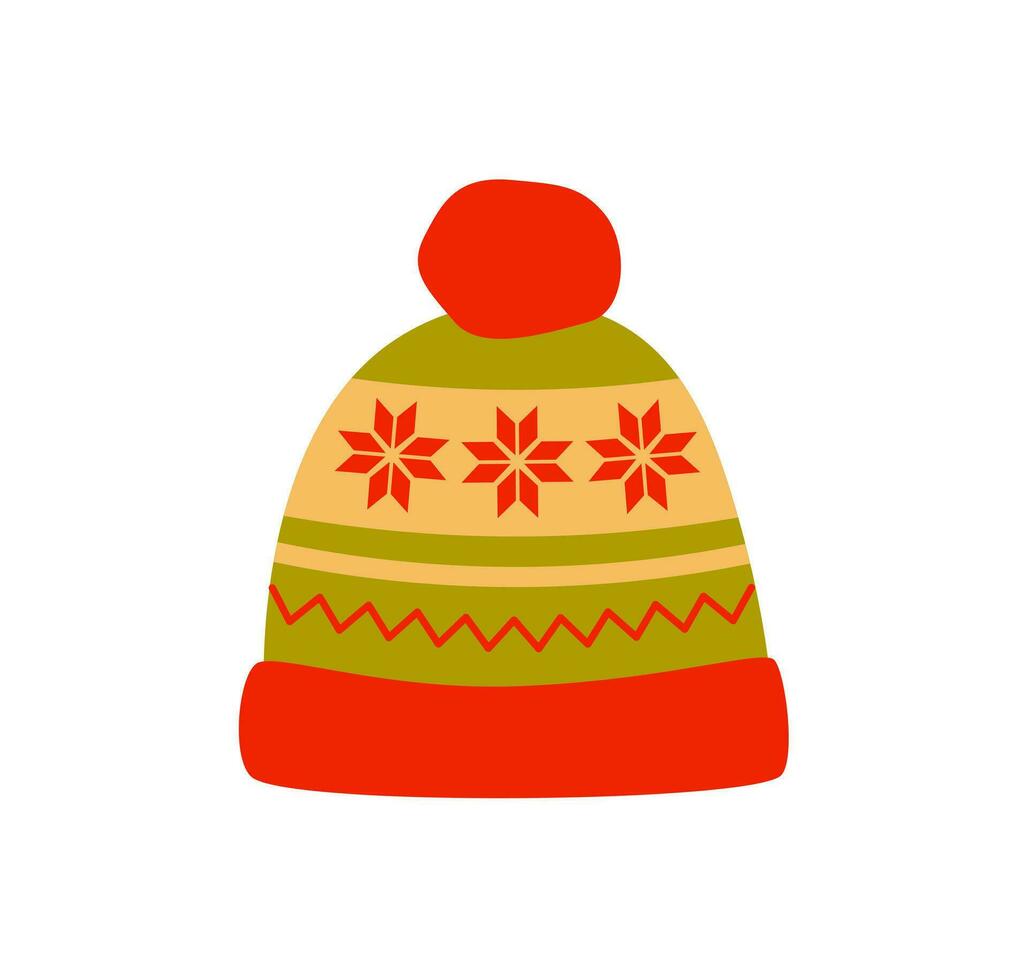 rood en groen winter gevormde hoed met POM Pom en zigzag, vlak vector. gebreid hoofddeksels. knus seizoen. scandinavisch. vector