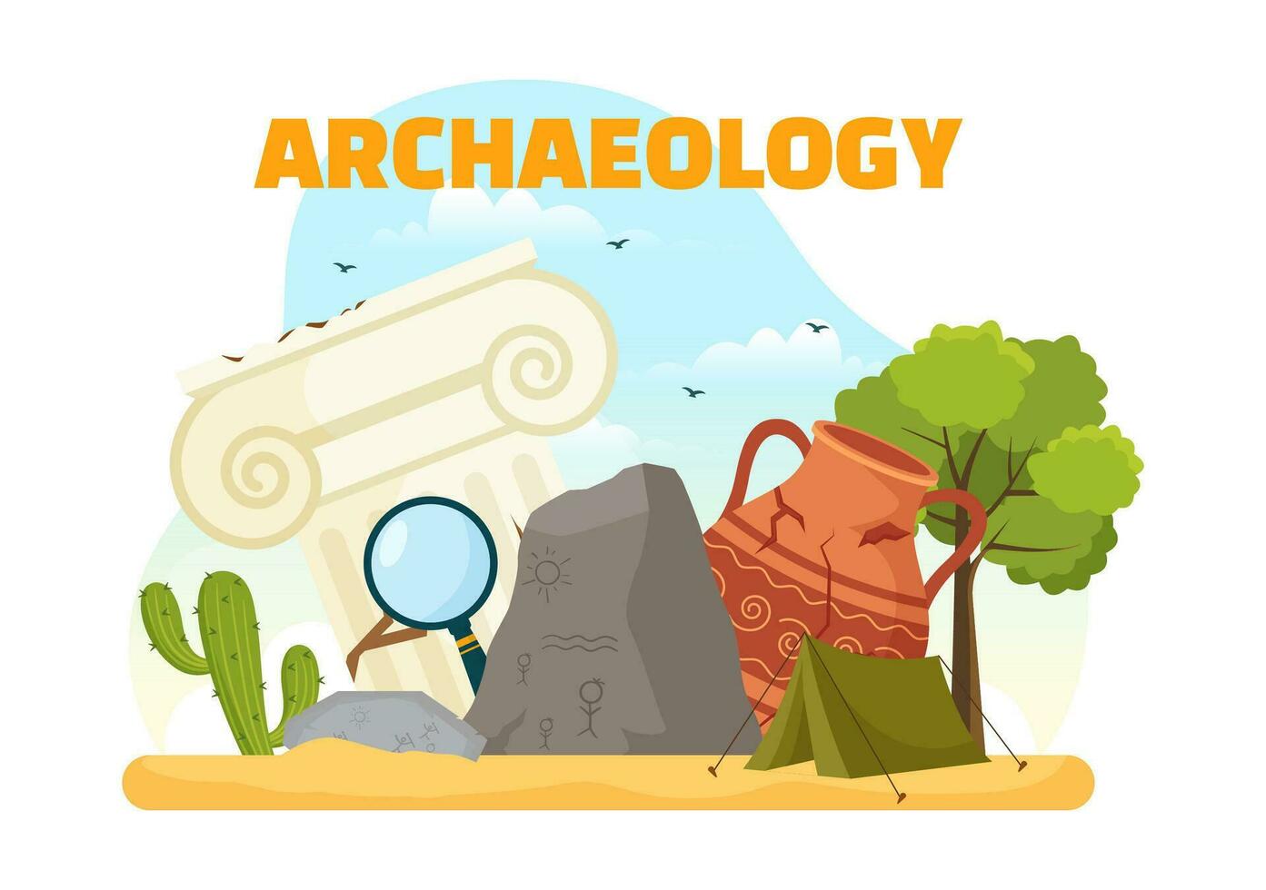 archeologie vector illustratie met archeologisch uitgraving van oude ruïnes, artefacten en dinosaurussen fossiel in vlak tekenfilm hand- getrokken Sjablonen