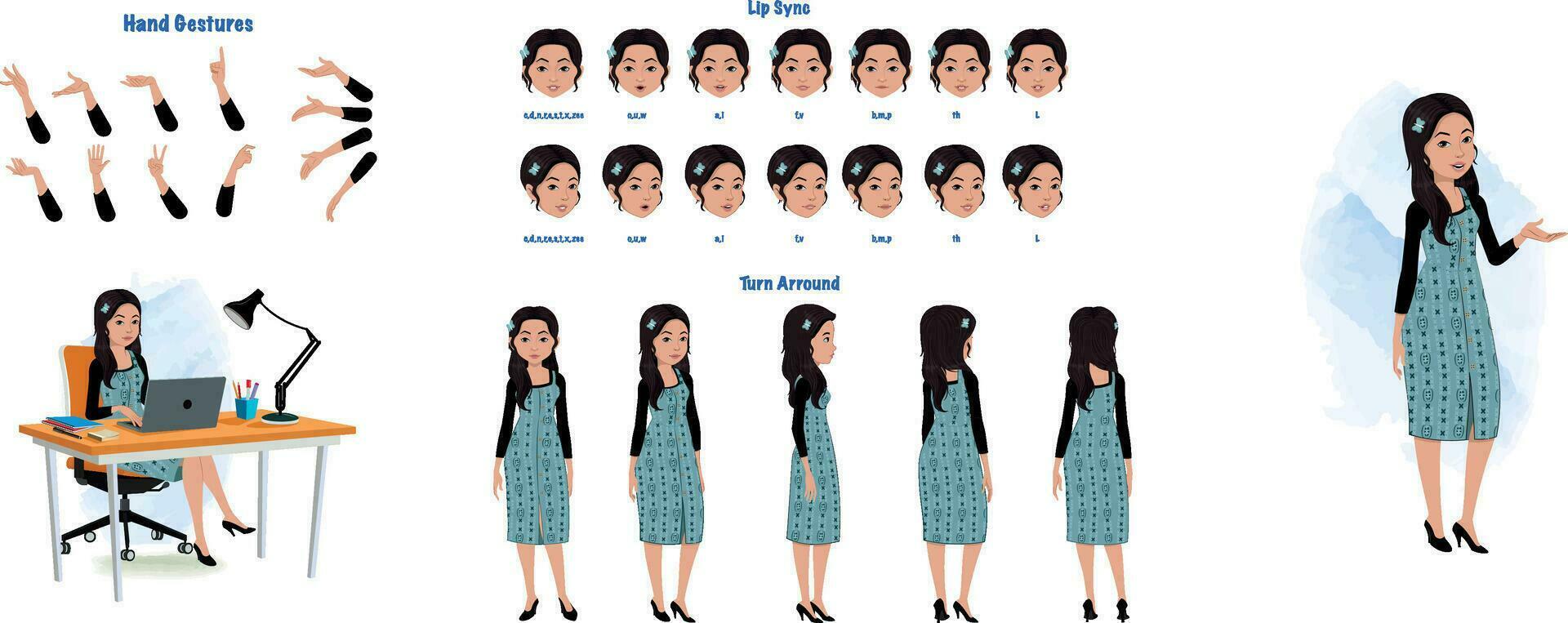 een bedrijf vrouw modelblad. zakenvrouw beurt in de omgeving van vel, hand- gebaren, lip synchroniseren vector