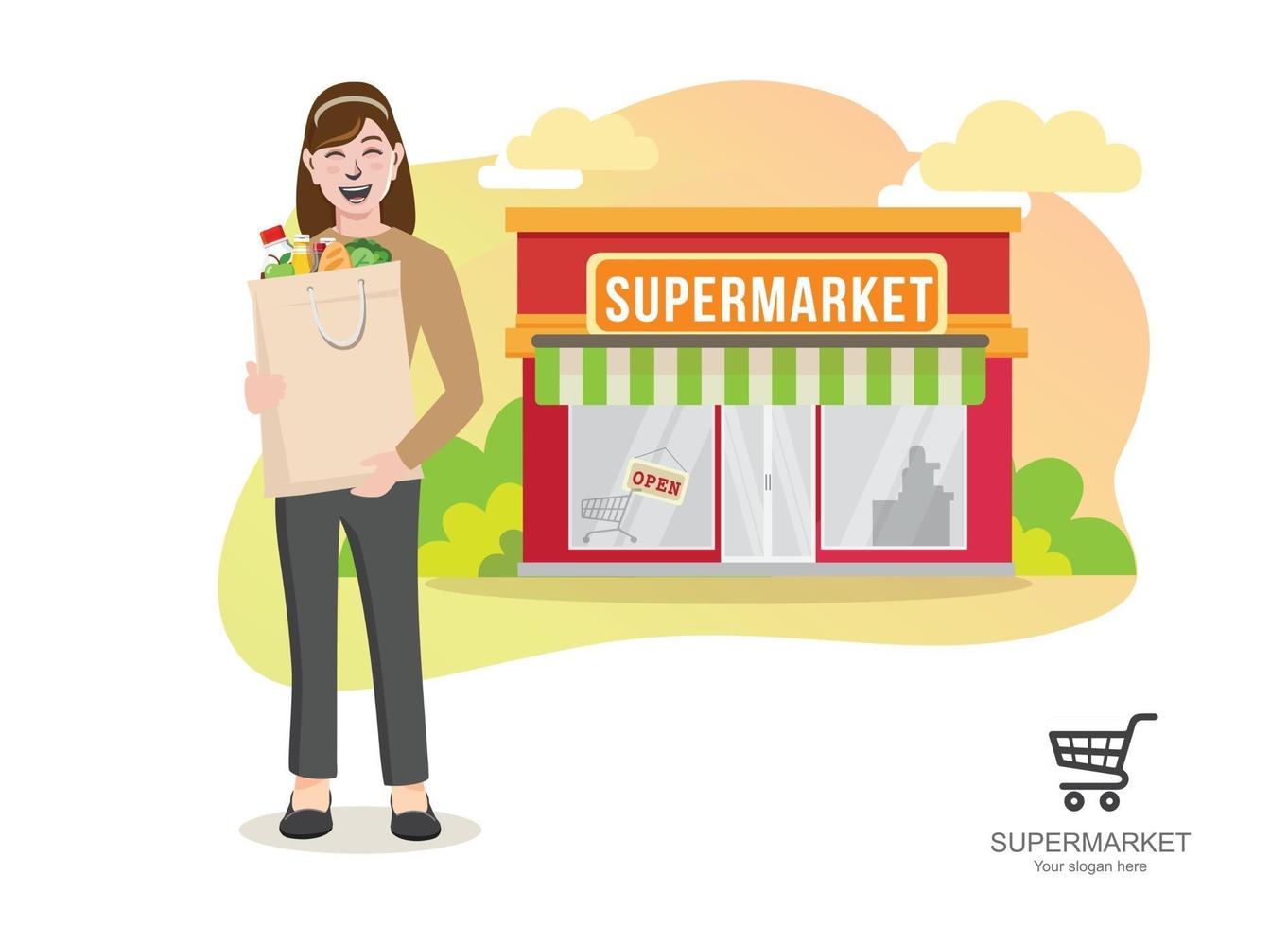 supermarkt boodschappen, jonge vrouw met papieren boodschappentas vector