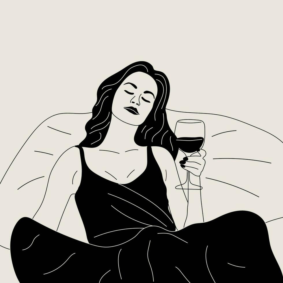 zwart en wit vrouw drankjes een glas van wijn in bed. vector. wijn tijd vector