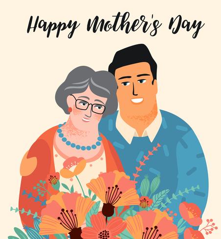 Gelukkige Moederdag. Vectorillustratie met man, vrouw en bloemen. vector