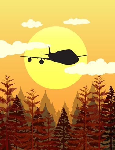 Silhouetscène met vliegtuig die over pijnboombos vliegen vector