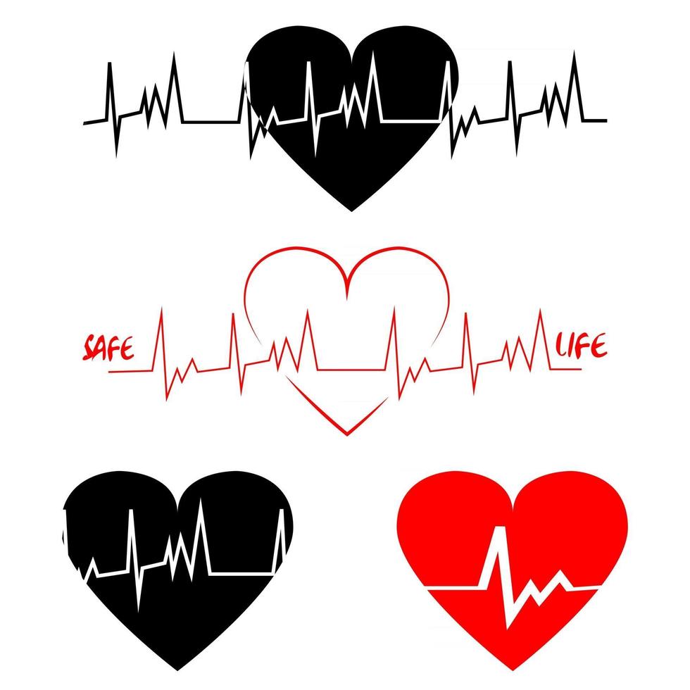 set van zwarte en rode ecg met hart vector