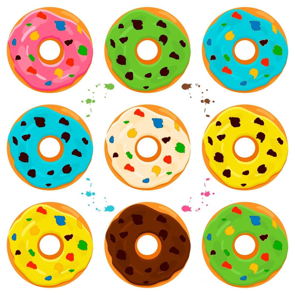 illustratie op thema grote reeks verschillende soorten kleverige donuts vector