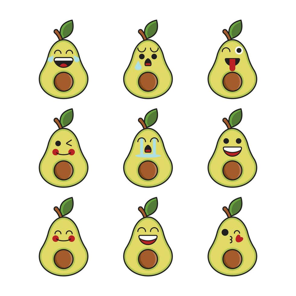 vector reeks van fruit emoticons. schattig avocado emoji met gezicht.