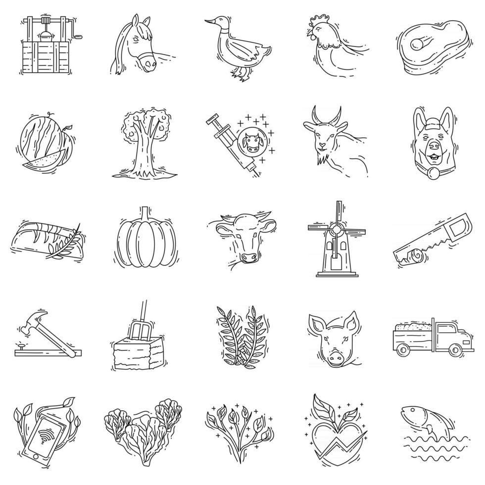 landbouw hand getrokken pictogrammenset, overzicht zwart, doodle pictogram, vector icon