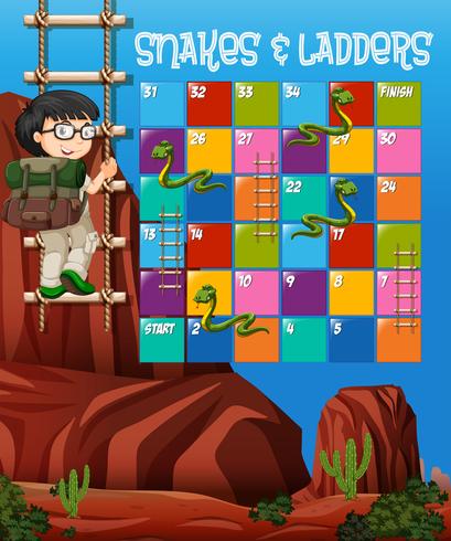 Het spelmalplaatje van de puzzel met jongen die op ladder op achtergrond beklimt vector