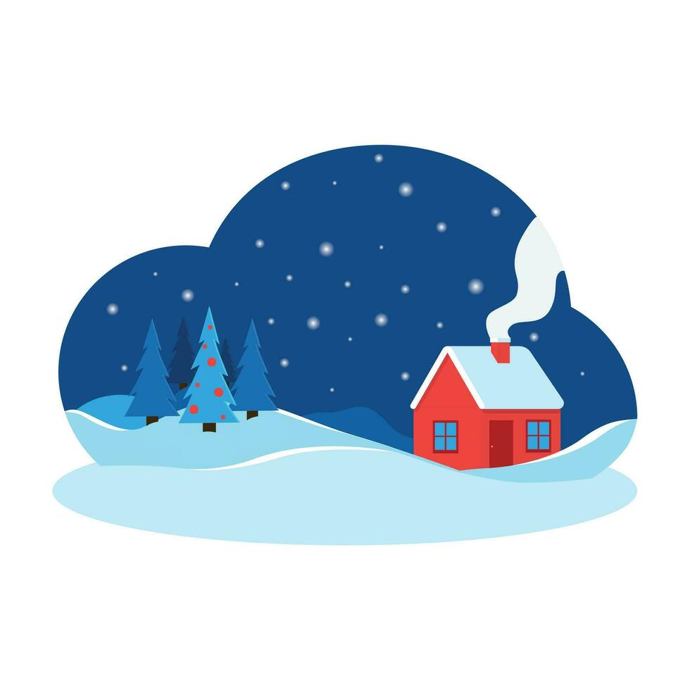 winter landschap met huis, Kerstmis bomen en sneeuw. Kerstmis achtergrond vector