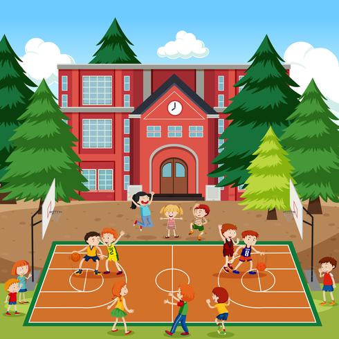 Kinderen spelen basketbal scène vector