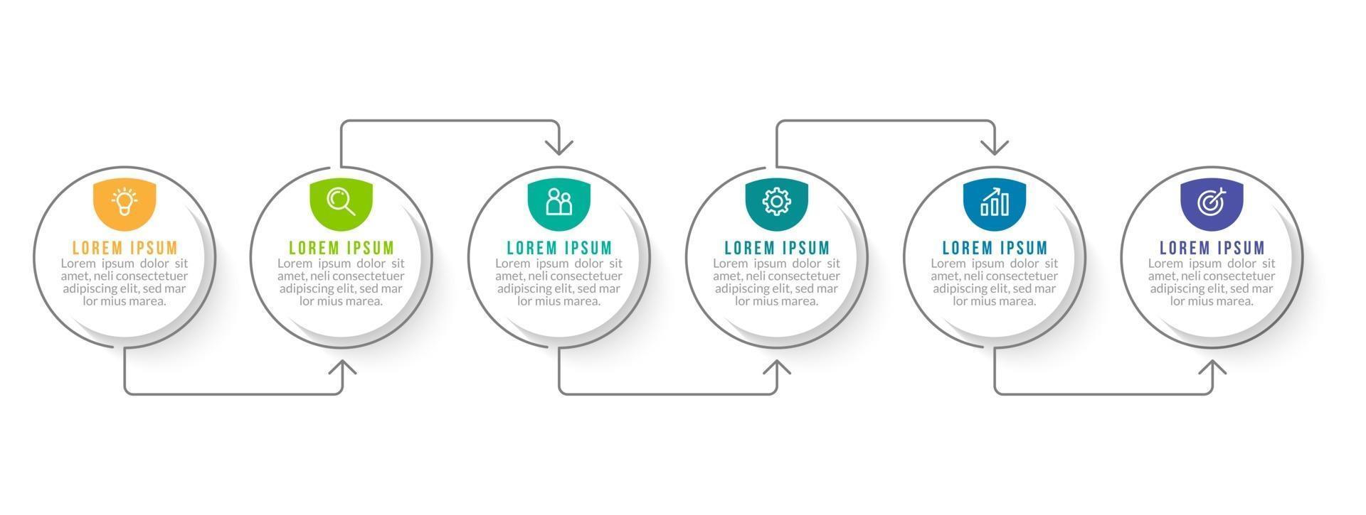 infographic sjabloon met 6 workflows en dunne pijl vector