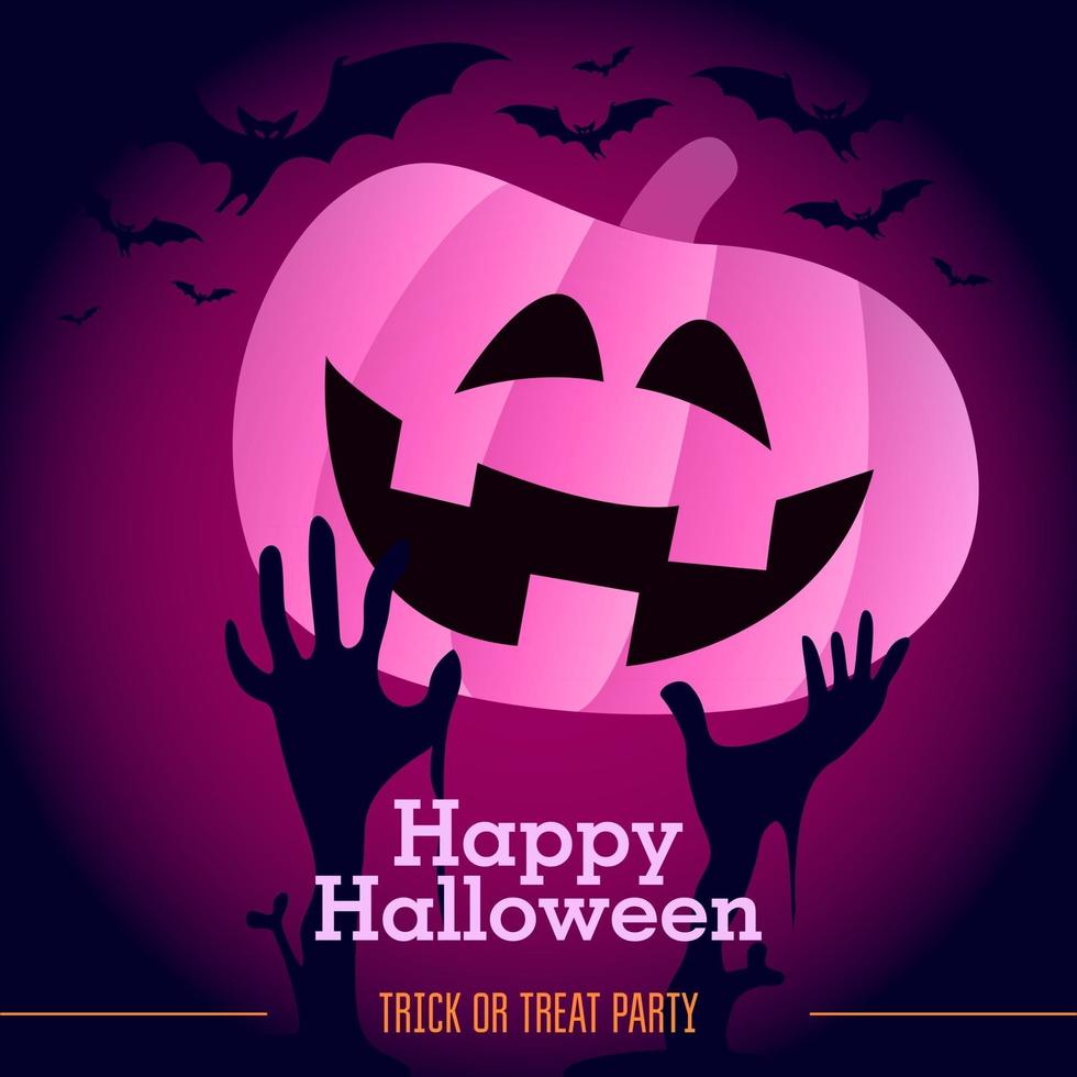 Halloween-pompoen met roze neonverloop, vleermuizen en zombiehanden vector