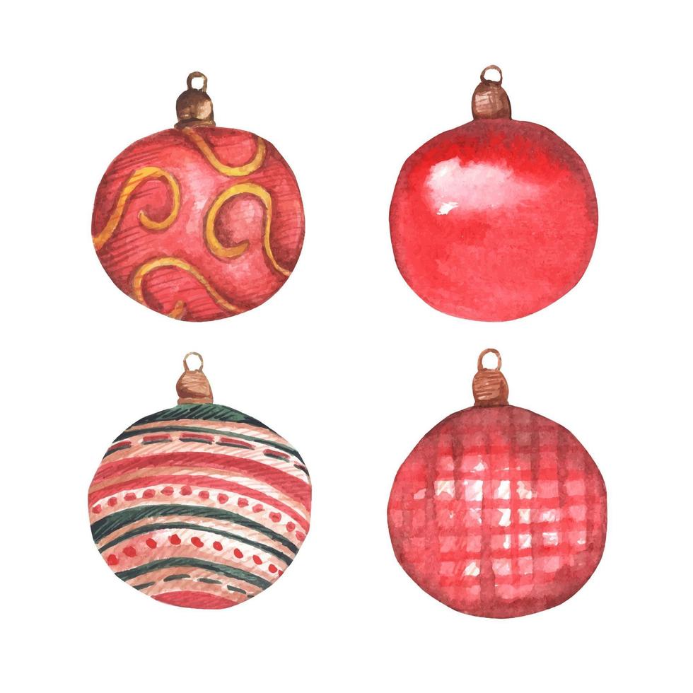 set kerstspeelgoed in rood met patronen. aquarel kerstkaart. vector