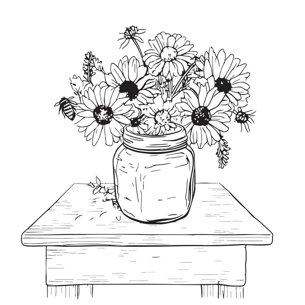 pot van wild bloemen hand- getrokken schetsen vector illustratie