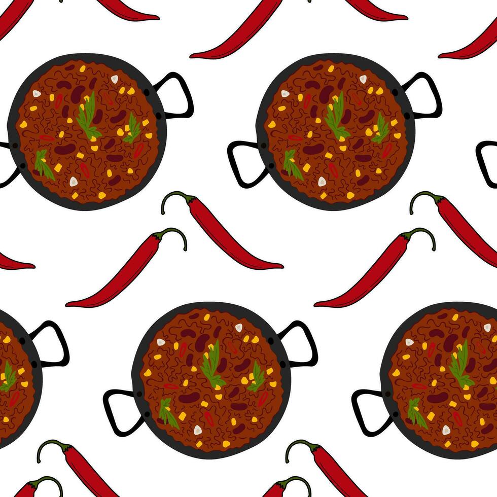 eindeloos patroon van Chili con carne en rood heet Chili peper. traditioneel Mexicaans pittig voedsel. isoleren vector