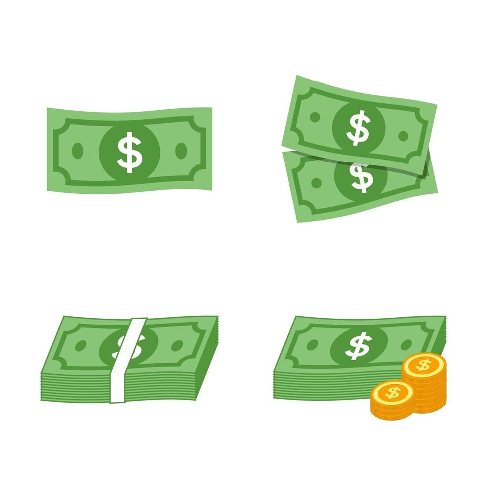 geld dollar set met egale kleur, dollarbiljet symbool vector