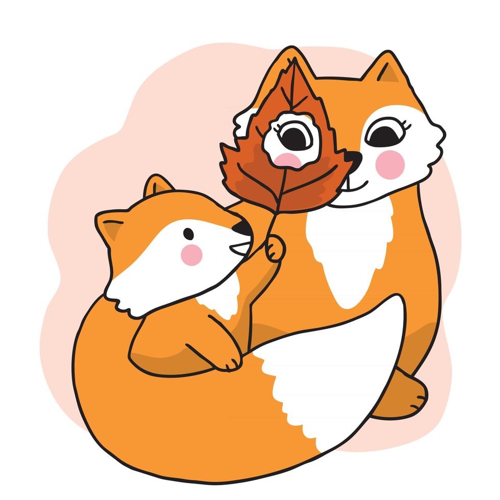 cartoon schattig hand tekenen moeder en baby fox vector. vector