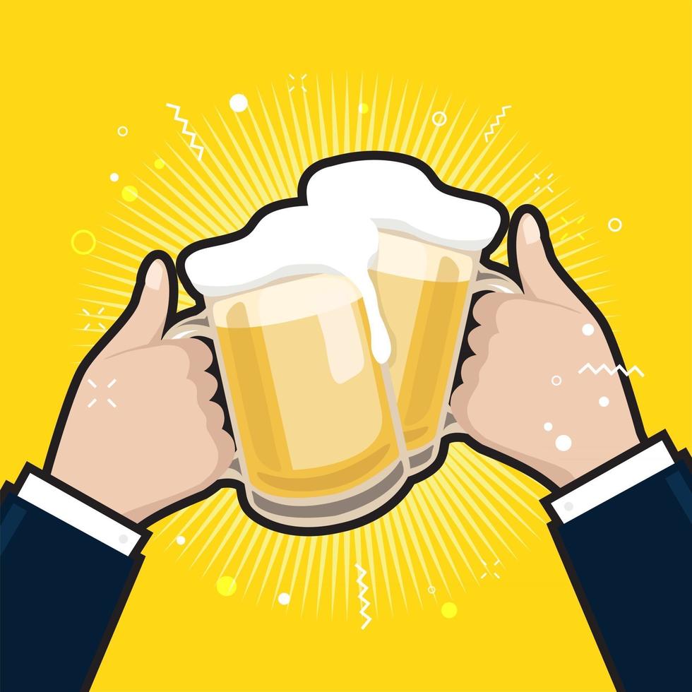 zakenlieden die bierpullen houden. bierglazen rammelend schuim. vector