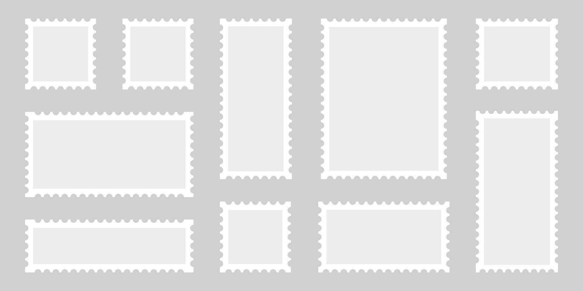 port postzegel icoon set. blanco post kader label, ansichtkaarten in verschillend vormen. wijnoogst post- kaart met geperforeerd grens sjabloon verzameling. retro poststempel. geïsoleerd vector illustratie.