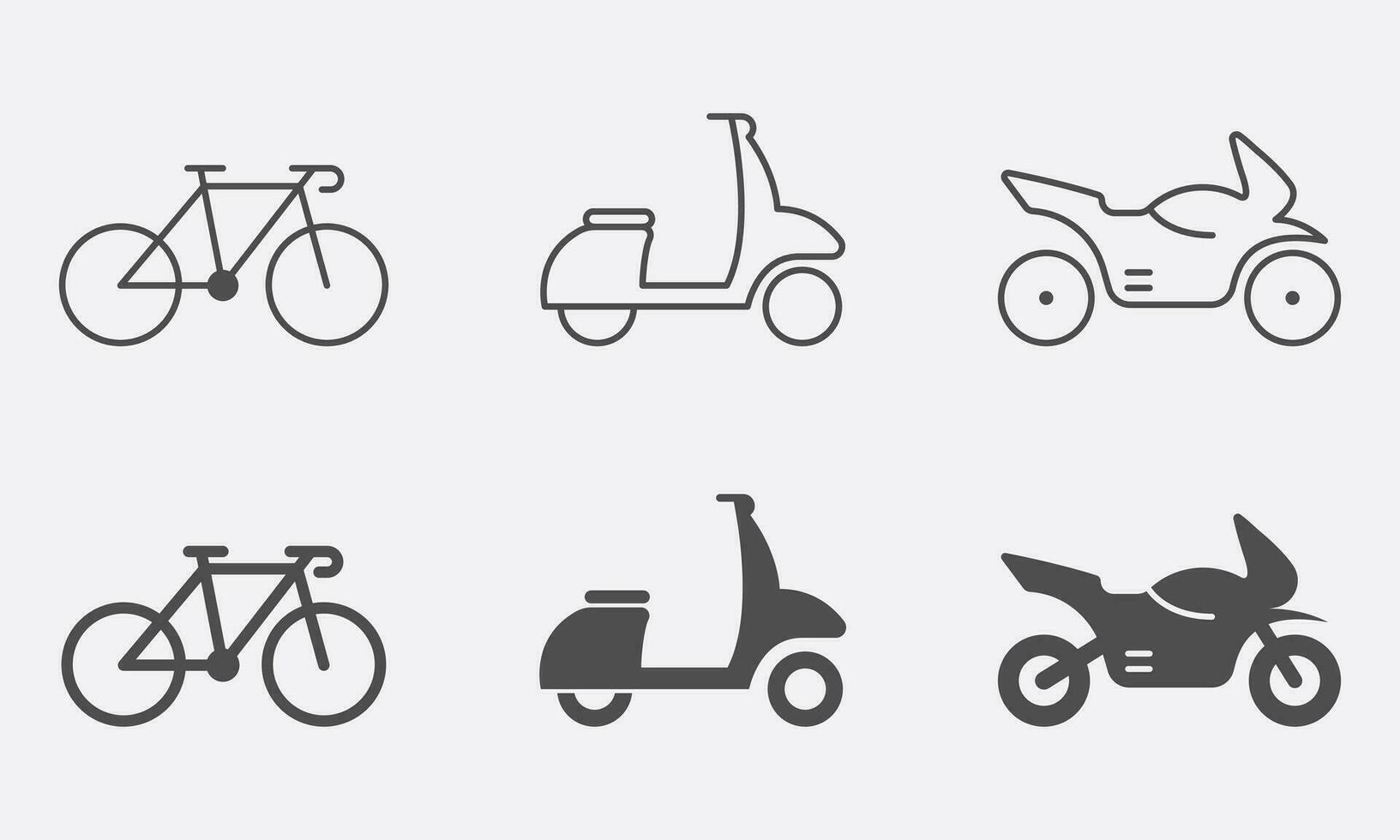 fiets, motor, bromfiets, scooter lijn en silhouet icoon set. levering onderhoud vervoer pictogram. weg verkeer teken. motor vervoer symbool verzameling. geïsoleerd vector illustratie.