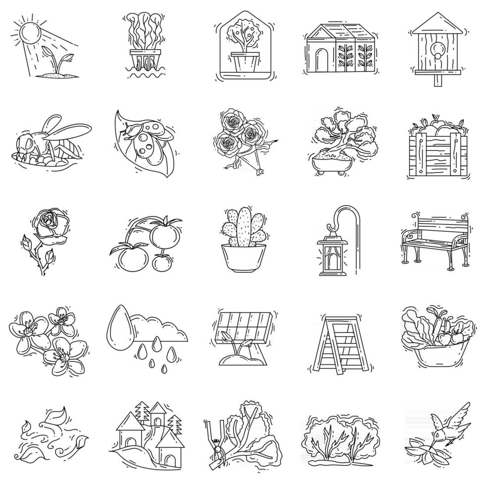 tuinieren hand getrokken pictogrammenset, overzicht zwart, doodle pictogram, vector icon