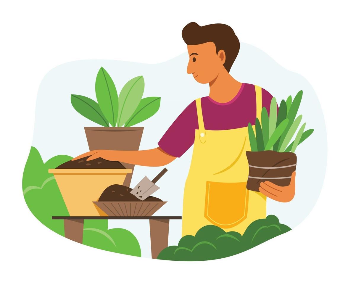 man geniet van tuinieren met de planten in de tuin. vector