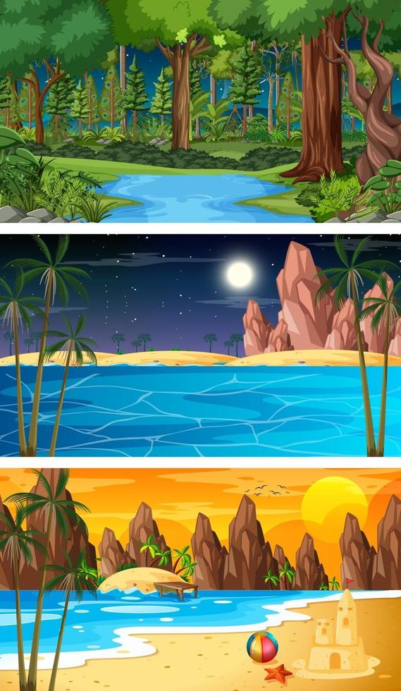 drie verschillende natuur horizontale scènes vector