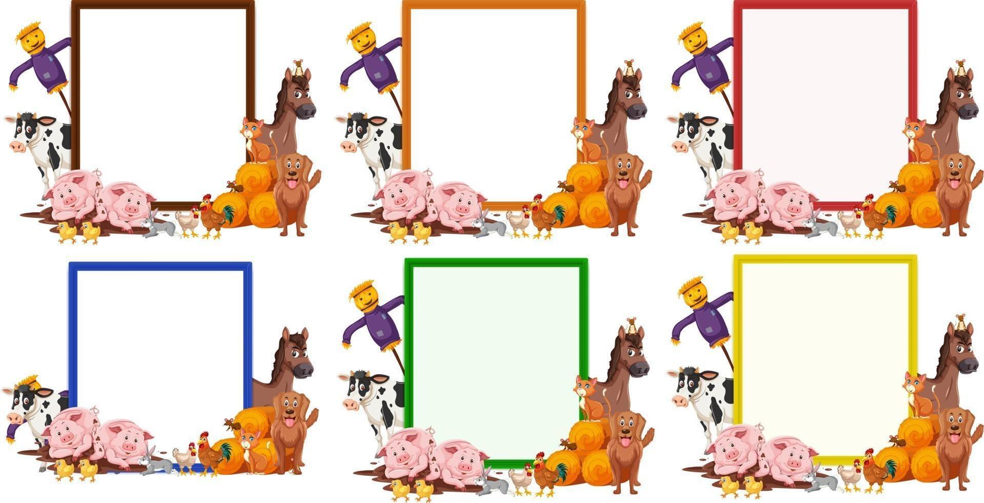 set van lege banner in verschillende kleuren met boerderijdieren geïsoleerd vector